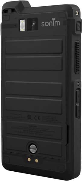 Sonim XP8 rugged smartphone rear view, showing black textured back panel with branding and hardware ports