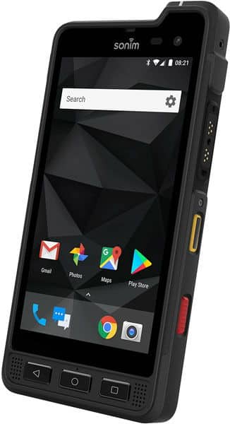 Sonim XP8 rugged smartphone front view, displaying home screen with app icons and search bar