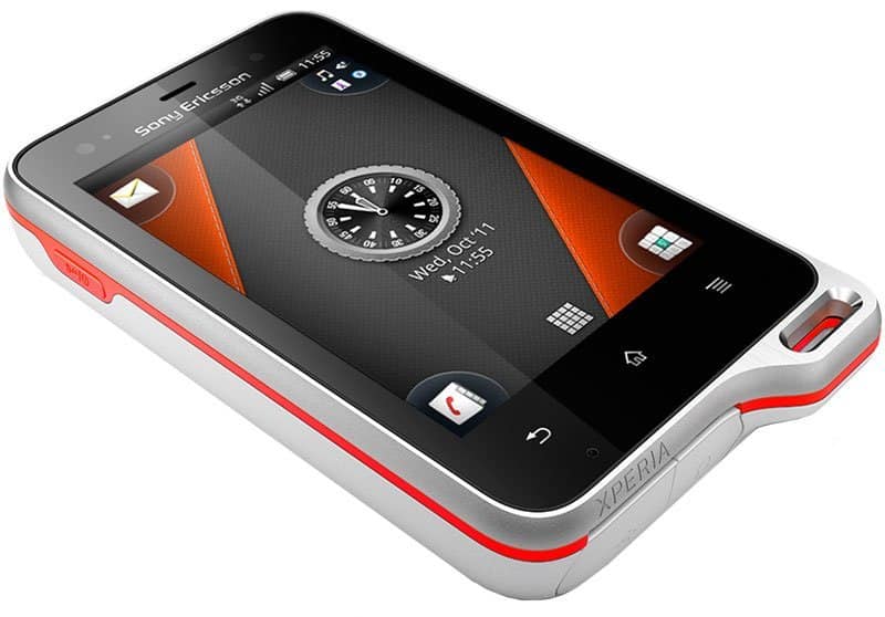 Sony Ericsson Xperia Active front view, white and red smartphone with clock display on screen and navigation buttons below