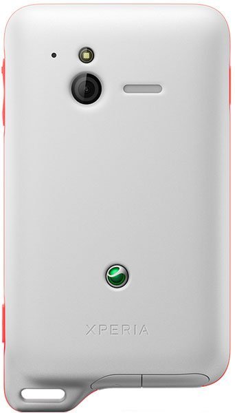 Sony Ericsson Xperia Active rear view, white with red accents, showing camera, flash, and speaker grille