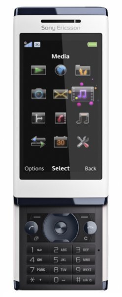 Sony Ericsson Aino front view with Media menu displayed on screen, showing camera, video, and music application icons