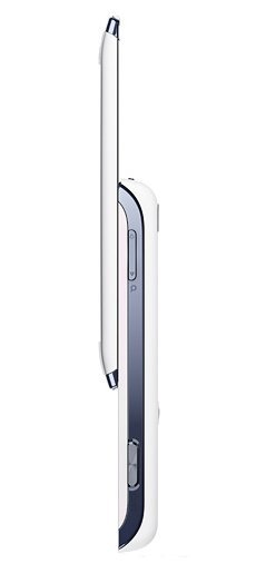 Sony Ericsson Aino side view, showing closed slider phone with white and dark blue finish, stylus attached above