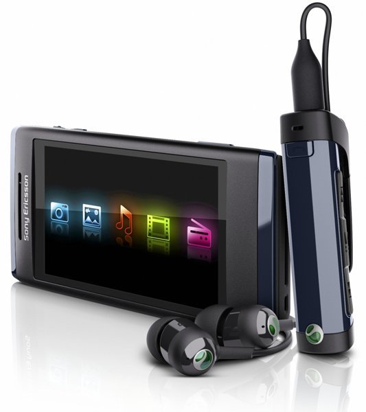 Sony Ericsson Aino phone displayed front-on with screen showing colorful media icons, paired with black earbuds and charging case
