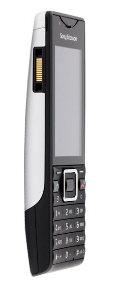 Sony Ericsson Elm phone shown from front angle, displaying black and white body with screen, numeric keypad, and side antenna