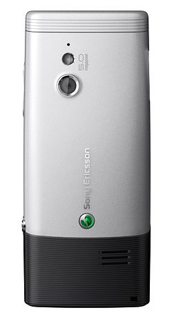 Sony Ericsson Elm rear view, silver and black candybar phone with camera lens and green Sony Ericsson logo