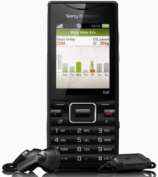 Sony Ericsson Elm front view displaying eco-tracking app with step count and carbon saved data, paired with black headphones