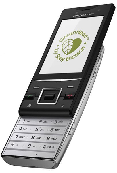 Front view of black and silver Sony Ericsson Hazel slider with keypad extended and "GreenHeart by Sony Ericsson" on display.