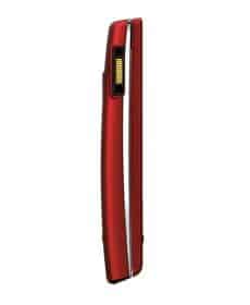 Side view of a closed, slim red flip phone—Sony Ericsson Hazel style—showing a gold hinge connector; buttons and screen hidden.