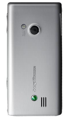 Rear view of silver Sony Ericsson Hazel showing camera, flash, speaker grille, and Sony Ericsson logo.