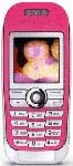 Sony Ericsson J300a pink phone, front view, with small screen displaying an image and numeric keypad below