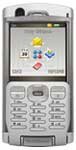 Sony Ericsson P990i front view, showing numeric keypad, small screen with colorful icons, and navigation controls in silver and gray