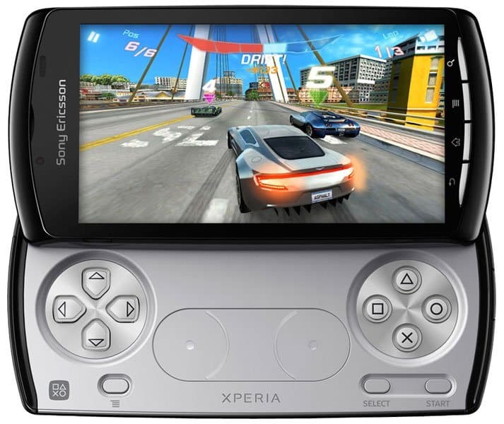 Sony Ericsson Xperia Play front view with racing game displayed on screen and dual game controllers visible below
