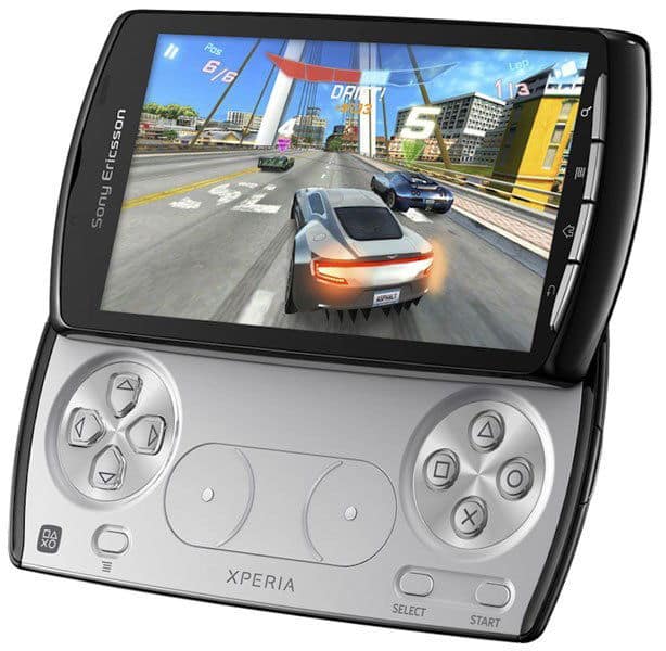 Sony Ericsson Xperia Play front view displaying a racing game on screen with dual game controllers below