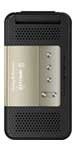 Sony Ericsson R306 flip phone, front view showing closed clamshell design with textured black exterior and cream-colored center panel