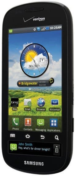 Samsung Fascinate smartphone displaying home screen with weather widget, clock, and app icons