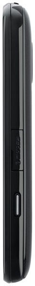 Sony Ericsson Satio, side view, showing slim black candybar phone with camera lens and control buttons