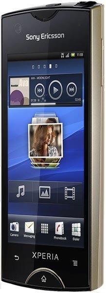 Sony Ericsson Xperia Ray front view, displaying blue home screen with music player and app icons