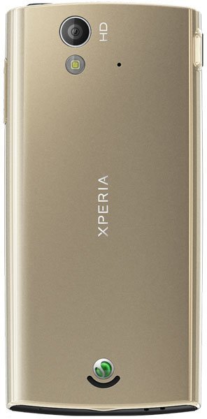 Sony Ericsson Xperia Ray rear view, gold, showing camera lens, speaker, and Sony Ericsson branding