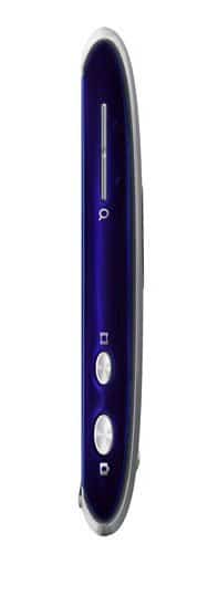 Sony Ericsson Vivaz front view, dark blue phone with silver trim and buttons along side