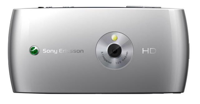Sony Ericsson Vivaz rear view showing camera lens, flash, and HD branding on silver body