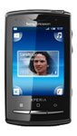 Sony Ericsson x10 Mini Pro smartphone shown from front, displaying blue home screen with app icons and a photo