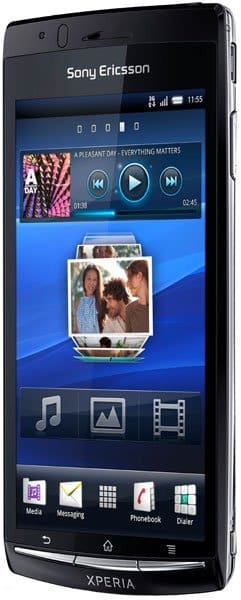 Sony Ericsson Xperia arc S smartphone displaying home screen with media player, photo gallery, and app icons on blue interface