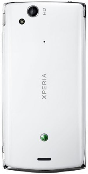 Sony Ericsson Xperia arc S rear view, white phone with camera lens, Sony Ericsson logo, and green power button visible