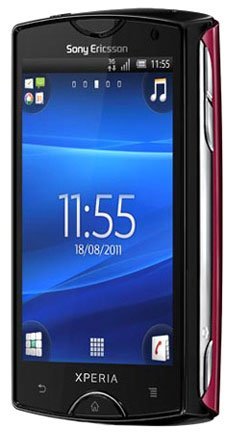 Sony Ericsson Xperia Mini front view, black and red phone displaying home screen with time 11:55 and date 18/08/2011