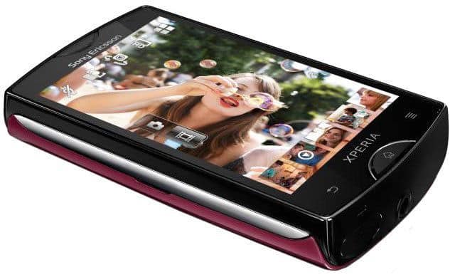 Sony Ericsson Xperia Mini front view, black and pink device with photo gallery displayed on screen