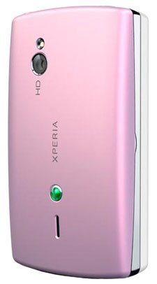 Sony Ericsson Xperia Mini rear view, pink phone with camera lens, speaker grille, and Sony Ericsson branding visible