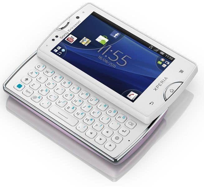Sony Ericsson Xperia Mini Pro displayed open, showing touchscreen with home screen and slide-out QWERTY keyboard