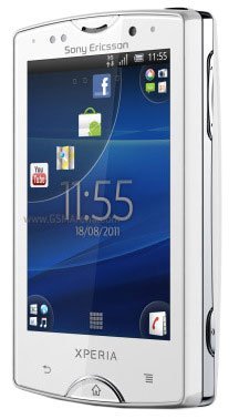 Sony Ericsson Xperia Mini Pro front view, white smartphone with blue display showing home screen and app icons