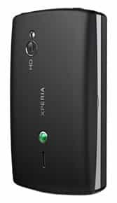 Sony Ericsson Xperia Mini Pro rear view, black device with camera lens and Sony Ericsson branding visible