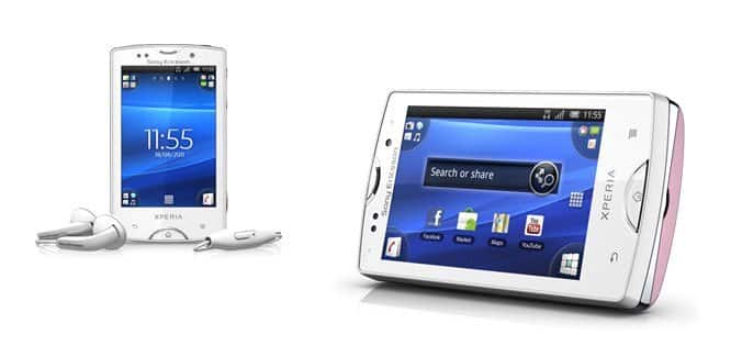 Sony Ericsson Xperia Mini Pro front and side views, showing compact white phone with slide-out keyboard and blue home screen display