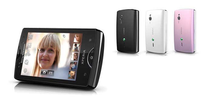 Sony Ericsson Xperia Mini Pro displayed from front and rear angles, showing black, white, and pink color variants with touchscreen and compact design