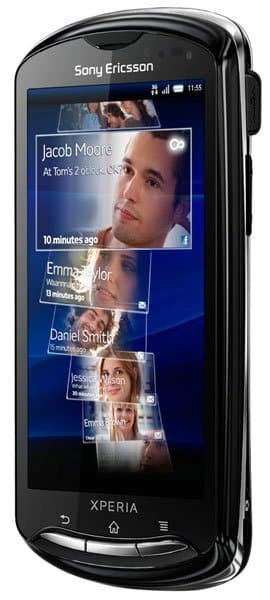 Sony Ericsson Xperia Pro front view displaying contacts and messaging interface on screen