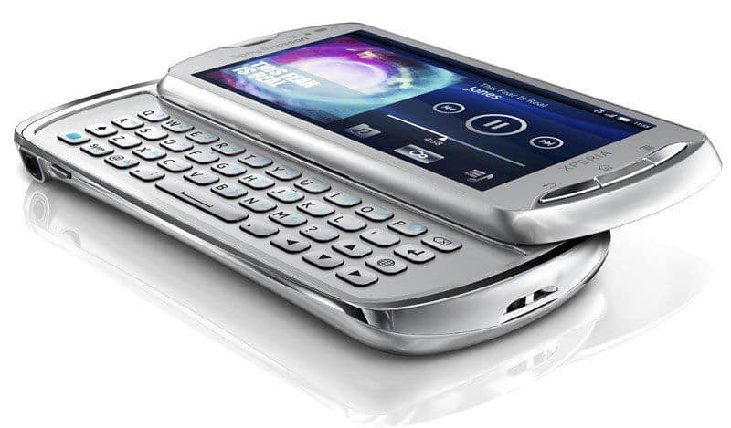 Sony Ericsson Xperia Pro with slide-out QWERTY keyboard, displayed at three-quarter angle with screen on