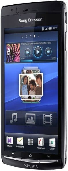 Sony Ericsson Xperia arc smartphone displayed front-on with screen showing music player, photo gallery, and app icons on blue interface