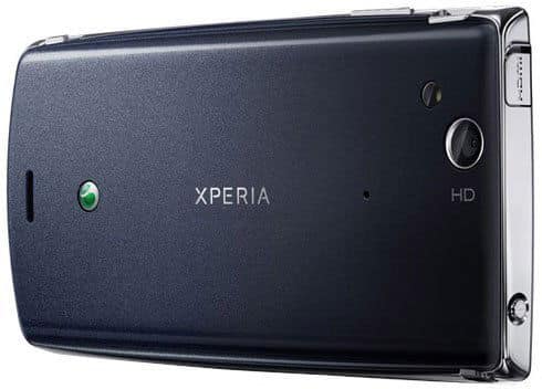 Sony Ericsson Xperia arc rear view, showing dark blue back panel with camera lens and HD marking