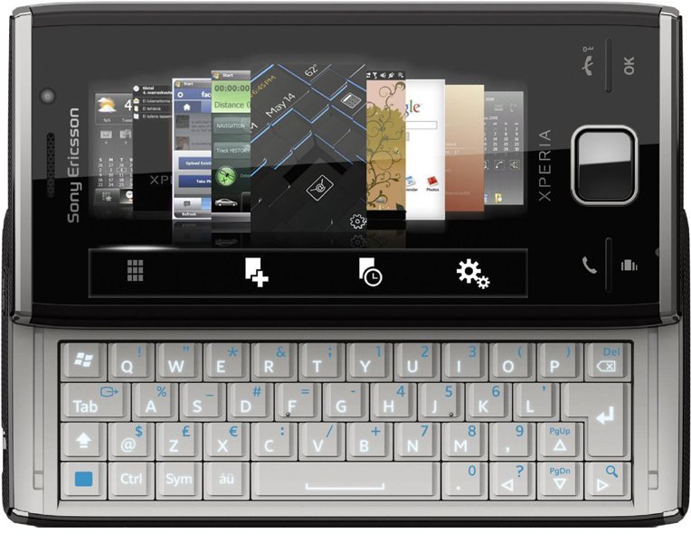 Sony Ericsson Xperia X2 front view, displaying home screen with application windows and sliding QWERTY keyboard extended
