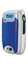 Sony Ericsson Z600 phone, front view, closed clamshell design with blue lower half and silver upper section, small screen visible on cover
