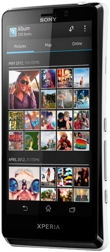 Sony Xperia T front view displaying photo gallery with thumbnail images organized by date, menu options visible at top of screen