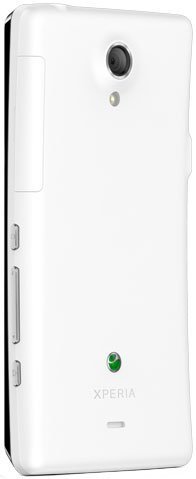 Sony Xperia T rear view, white smartphone with camera lens, speaker, and Sony Ericsson branding visible on back