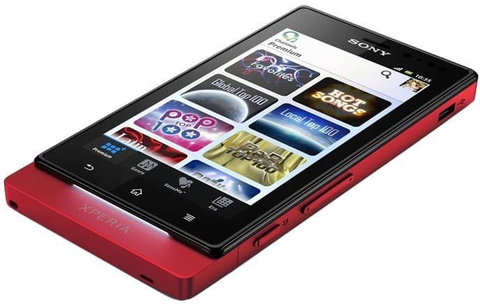 Sony Xperia sola smartphone displayed at an angle, showing black screen with app grid and red back panel with Xperia branding