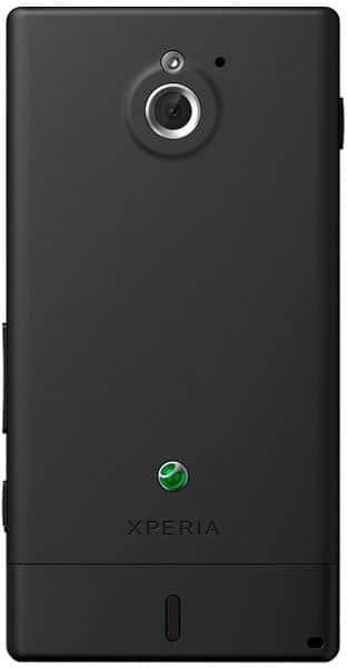 Sony Xperia sola rear view, black phone with circular camera lens and green Sony Ericsson logo