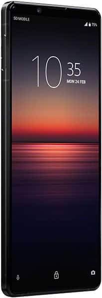 Sony Xperia 1 II front view with display showing time 10:35 and sunset landscape wallpaper