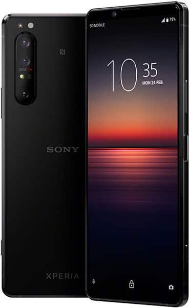 Sony Xperia 1 II front and rear view, black phone with triple rear cameras and sunset gradient display showing time 10:35