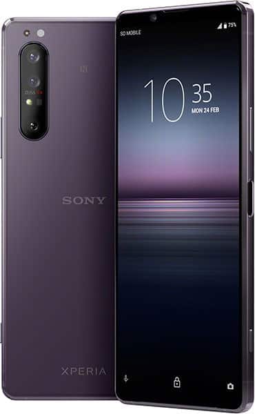 Sony Xperia 1 II front and rear view, purple phone displaying time and date on screen, vertical camera array visible on back