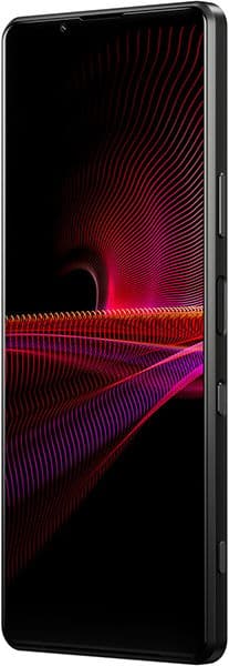 Sony Xperia 1 III smartphone front view with display showing red and purple wave pattern graphics against black background