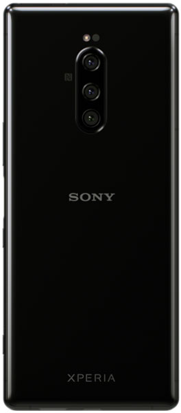 Sony Xperia 1 rear view, black, showing triple camera lenses and Sony branding